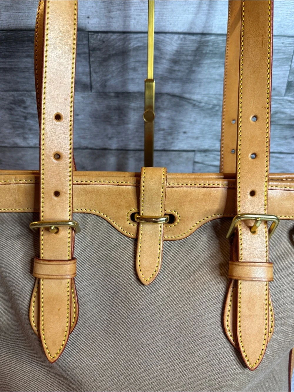 Vintage Dooney & Bourke USA Canvas Bucket Tote British Tan Leather Duck Tag